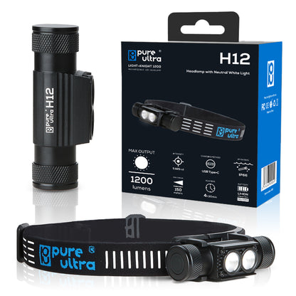 H12 Stirnlampe Wiederaufladbar 1200 Lumen, Neutralweiße LEDs, 150m Reichweite, 18650 4000mAh Akku, USB-C Ladung, IP66 Wasserdicht, Ideal für Outdoor & Profi-Einsatz