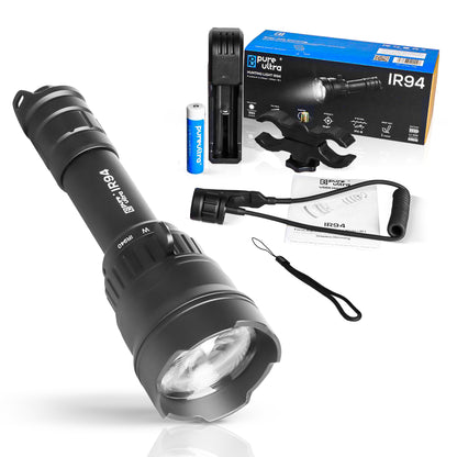 IR94 Infrarot Taschenlampe Set – 3in1 LED (IR940nm + Grün + Weiß) – dimmbar & zoombar – 550m Reichweite – mit 18650 Akku & Ladegerät – für Nachtsichtgerät & Tierbeobachtung