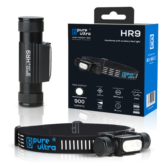 HR9 LED Stirnlampe 900 Lumen | Rotlicht | 18650 4000mAh | USB-C | IP66 Outdoor