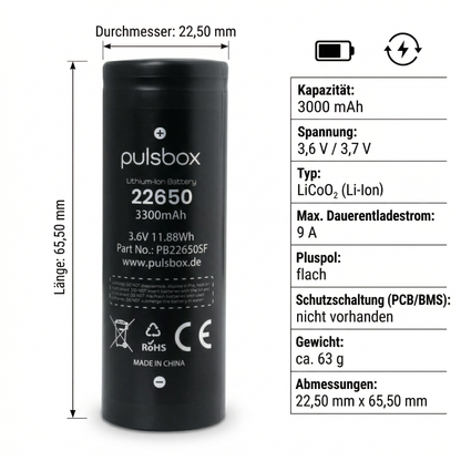 pulsbox 22650 Li-Ion Akku 3,7V 3000mAh, 15A Entladestrom