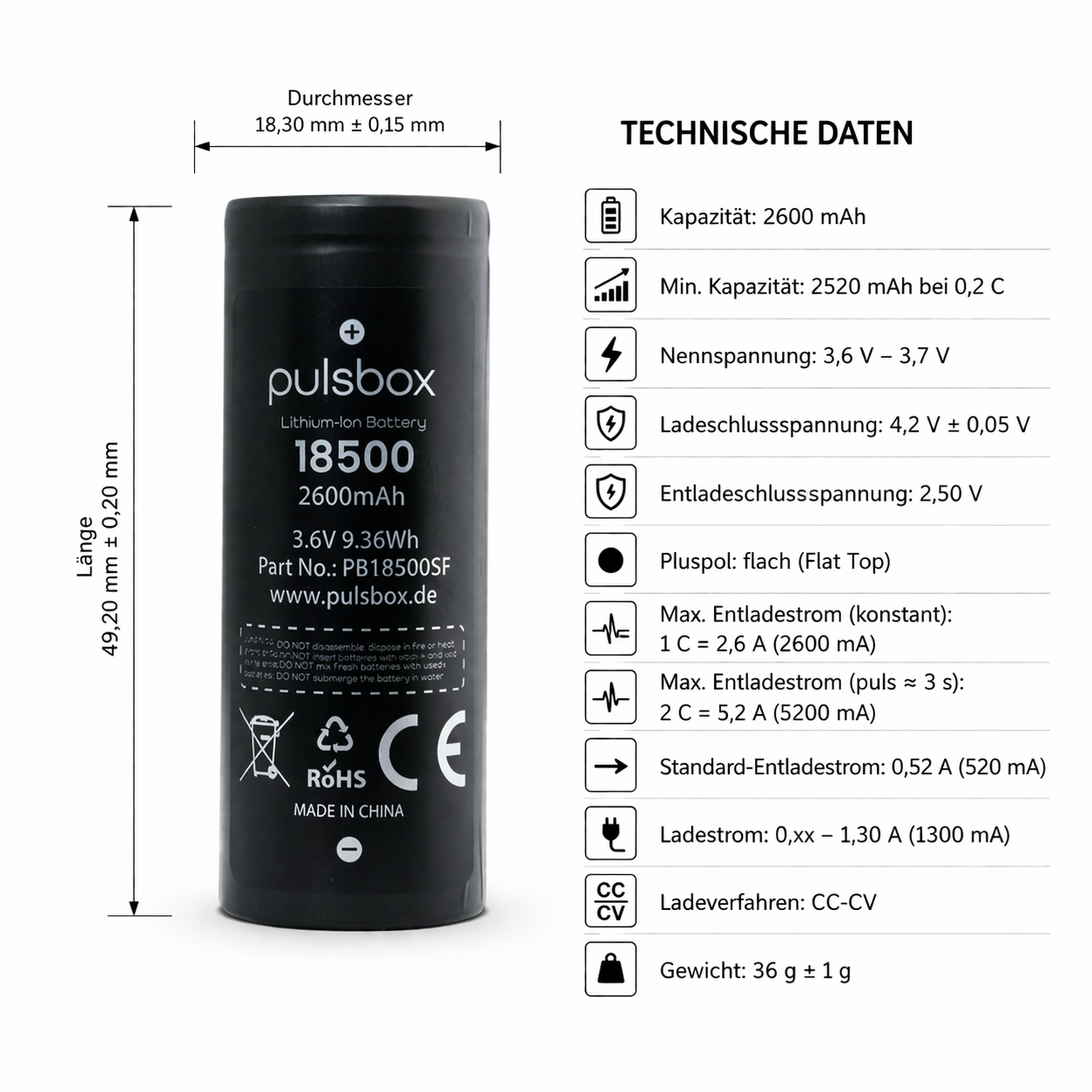 pulsbox 18500 Li-Ion Akku 3,7V 2600mAh, 5A Entladestrom