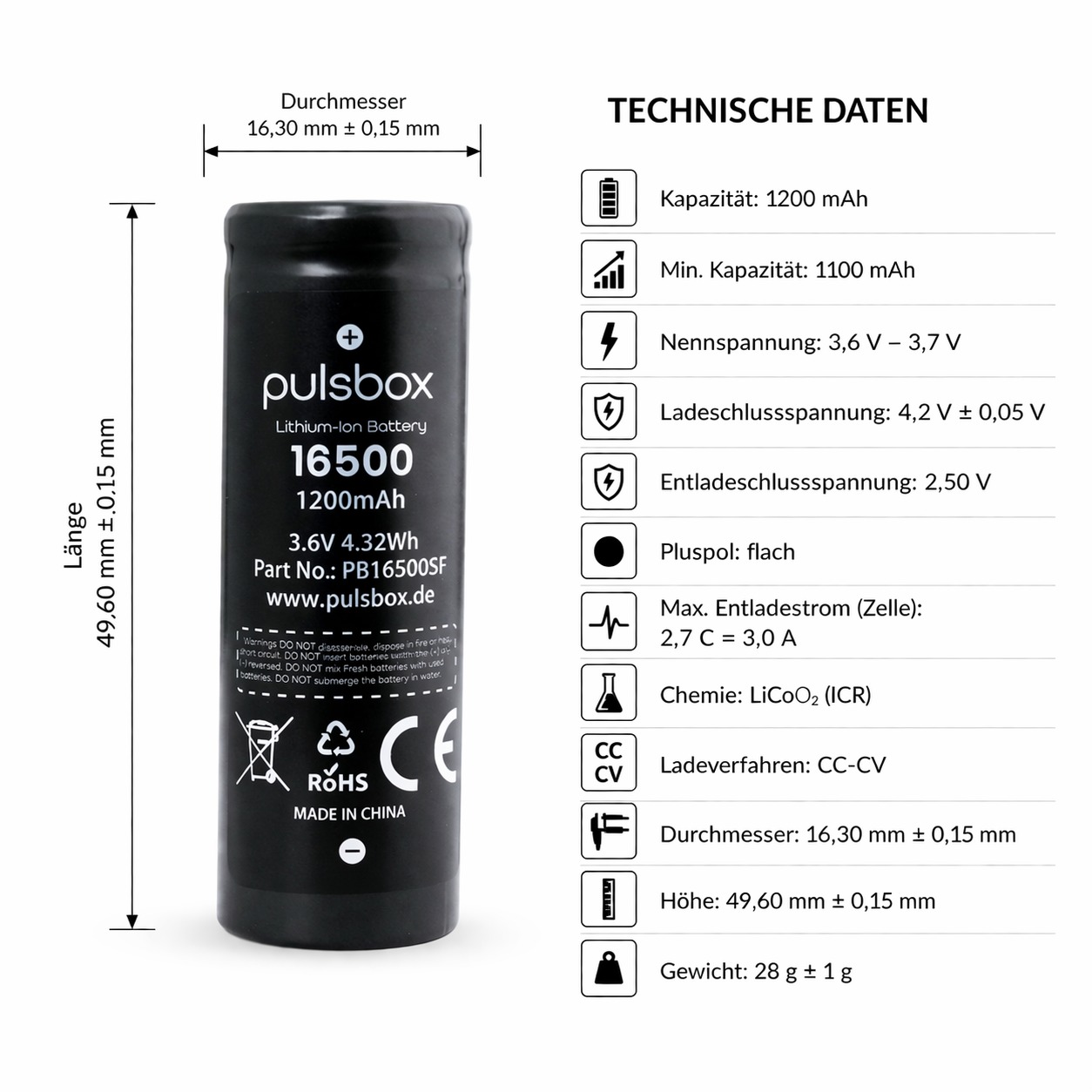 pulsbox 16500 Li-Ion Akku 3,7V 1200mAh, 3A Entladestrom