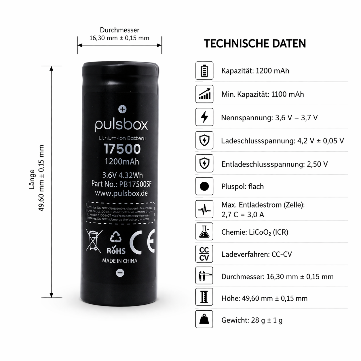 pulsbox 17500 Li-Ion Akku 3,7V 1200mAh, 3A Entladestrom