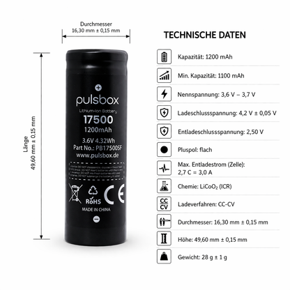pulsbox 17500 Li-Ion Akku 3,7V 1200mAh, 3A Entladestrom