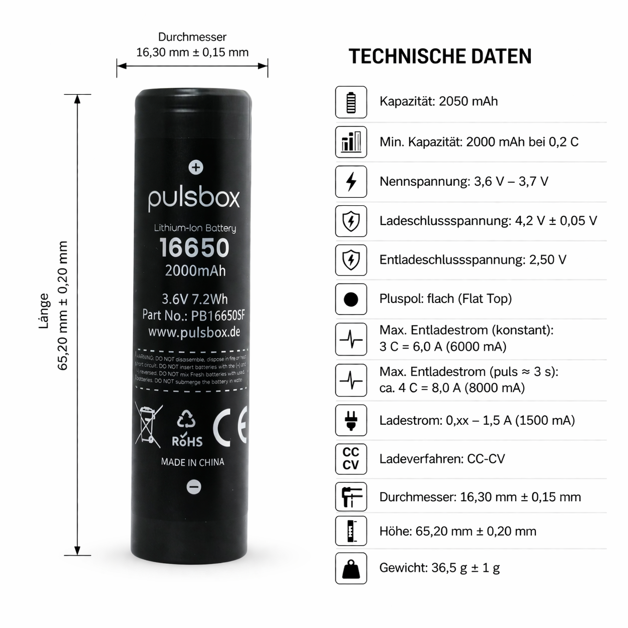 pulsbox 16650 Li-Ionen-Akku – 2000mAh, 6A, kompakt und zuverlässig