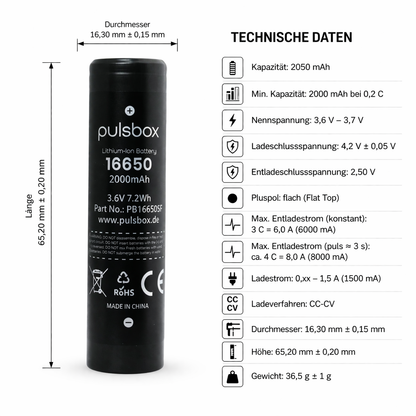 pulsbox 16650 Li-Ionen-Akku – 2000mAh, 6A, kompakt und zuverlässig